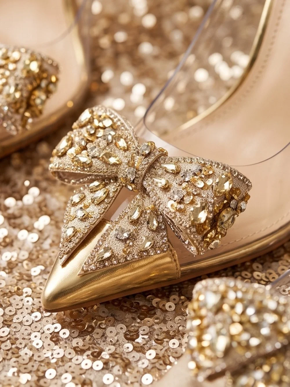 Gold Crystal Bow Pointed-Toe Stiletto Heels